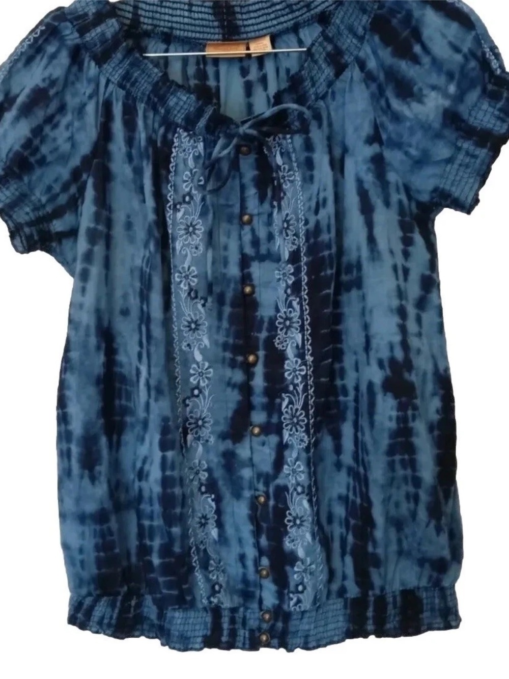 Northcrest Top S Blue Cotton Boho Hippie Embroidered Peasant Shirt Blouse Small